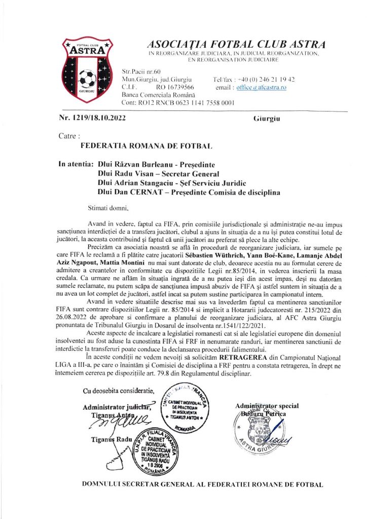 Dispare fosta campioană Astra Giurgiu. Cerere oficială de retragere din